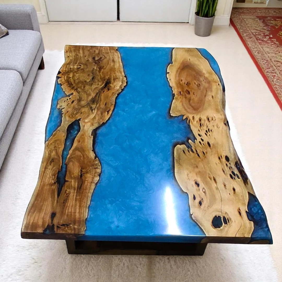 Blue Live Edge River Coffee Table - Custom Epoxy & Acacia Wood